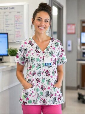 GT Performance Owl Heart Print Scrub Top XL White Pink V Neck Pockets